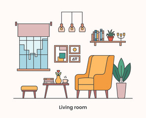 Cozy home interior design concept. Living room interior. Vector line illustration