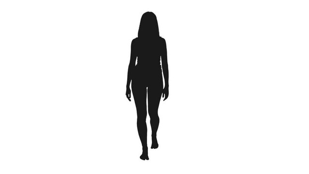 Black and white silhouette of young woman with long hair walking barefoot, Full HD footage with alpha transparency channel isolated on white background