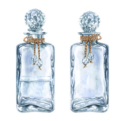 Beautiful watercolor vintage bottle for perfume and elixirs in fantasy games, in the alchemy laboratory, for magic potions.