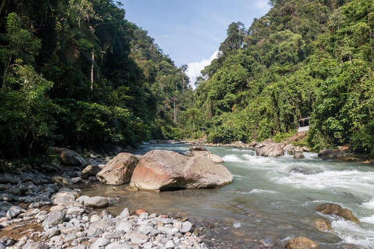Bohorok river in the mountains of Gunung Leuser National Park, Bukit Lawang, Sumatra, Indonesia