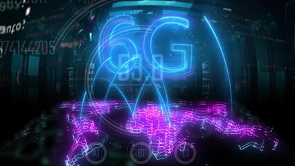 6g network icon glowing with world map. Global super speed with quantum computers 3d render 4k video animation - Powered by Adobe