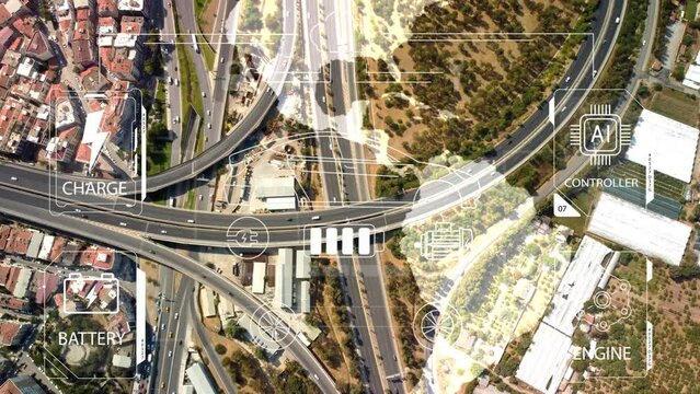 Intelligent Vehicles Cars Communicating Ai Logistic Autonomous Delivery Vehicles IoT GPS Tracking Satellite 5G Smart Roads Traffic Road Junction Interchange Motorway Triangulation Of Traffic Data