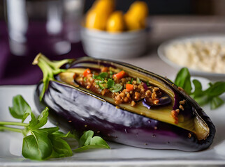 Realistic baked aubergine neutral colors warm lighting.