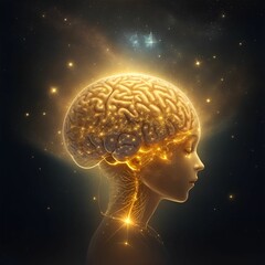 Obraz premium a brain suspended in the sea of stars, its edges illuminated by a soft, golden glow. Generative AI.