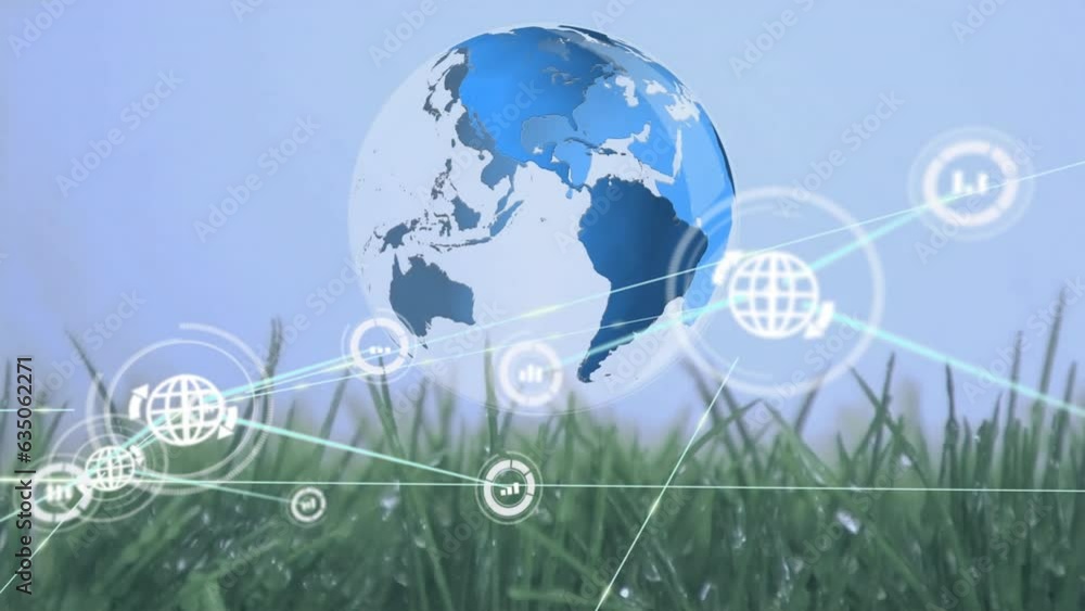 Aufkleber animation of icons connected with lines and globe over close-up of grass against sky