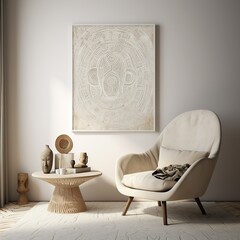 This minimalist interior design features a white chair, a table with a painting on the wall, and subtle touches of art and furniture to create a stylish yet cozy atmosphere in any house or apartment