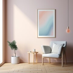 A minimalistic interior design of a room with a couch, a chair and table, a wall adorned with a picture, and houseplants in flowerpots, all creating a cozy yet stylish atmosphere