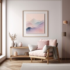 A minimalist room design featuring a cozy loveseat, fluffy cushions, and an eye-catching painting on the wall creates a warm and inviting atmosphere perfect for any home