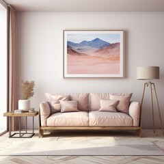 This minimalistic living room is the perfect combination of comfortable furniture, stylish design, and beautiful wall art, creating an inviting and tranquil atmosphere for all who enter