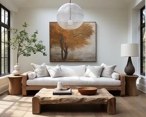 This minimalist living room is the perfect blend of modern furniture and cozy comfort, featuring a loveseat couch, vibrant pillows, and a stylish vase to bring life to the room