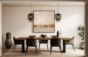Fototapeta na wymiar This minimalist interior design featuring a dining table with chairs, a painting on the wall, and a vase creates a stylish and inviting atmosphere perfect for any home