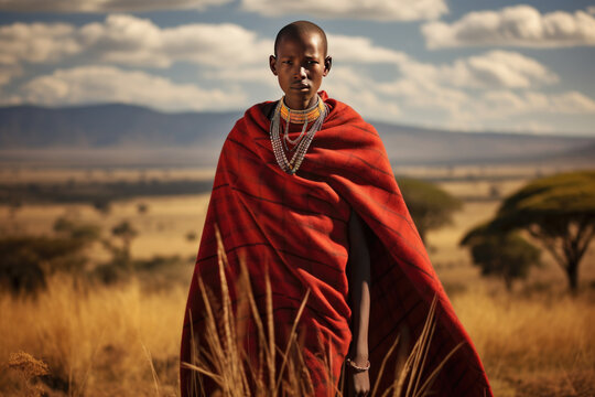 A dramatic portrait of a Maasai man with beaded accessories and traditional clothing