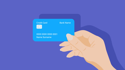 female hand holding a credit card, flat and minimalistic design, illustration advertising online payment