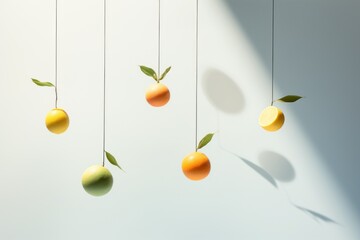 Surrealistic minimal composition of oranges and lemons suspended against a white wall. Vibrant contrasts in a commercial art setup with a hint of navy and green