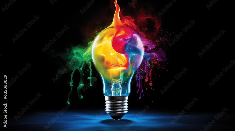 Wall mural lightbulb idea concept with colorful liquidof splashing unique creative idea on black background, ge