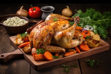 Fototapeta premium Grilled fried Roasted chicken and vegetables on cutting board, wooden table