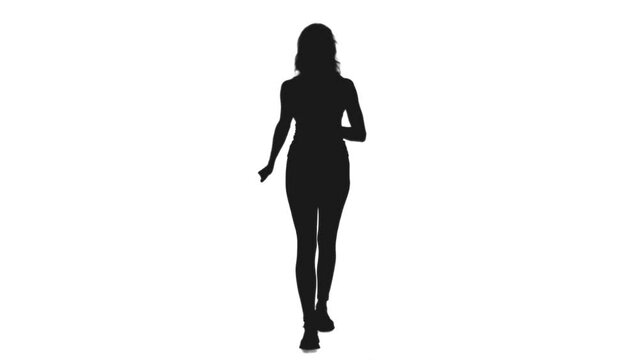 Black and white silhouette of slim fit woman practicing race walking, Full HD footage with alpha transparency channel isolated on white background