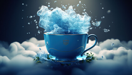 Blue cup with clouds and smoke. Aesthetic morning ritual, elegance, and inspiration in creative business spaces, infusing a touch of fantasy and balance.