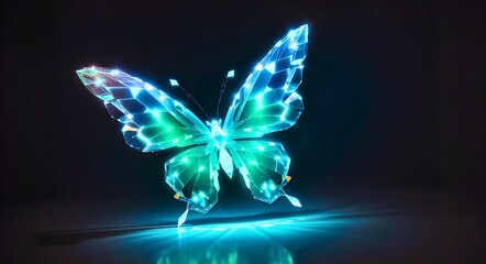 Glowing crystalline neon butterfly on dark background. 3D rendering illustration for wallpaper, template or graphic design