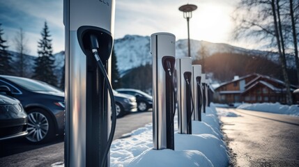 Modern fast electric vehicle chargers for charging car in park with snow,  Generative AI