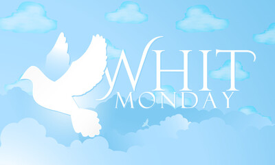 Whit Monday. Beautiful white Dove on blue sky with clouds and Whit Monday Serif Text greeting. Dove silhouette for religious holiday. Vector Illustration. EPS 10.
