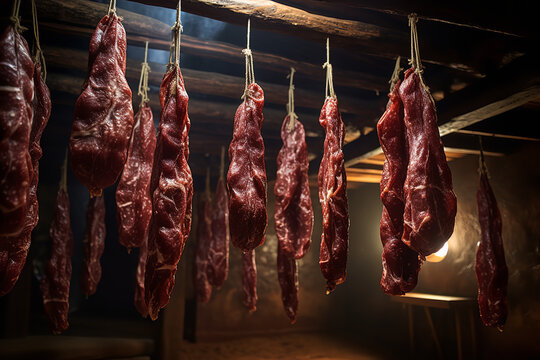 Authentic drying room ambiance, showcasing glistening salamis aging gracefully, encapsulating traditional meat preservation