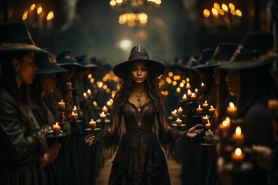  witch coven in a scary Halloween environment. Halloween night