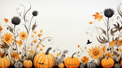 Naklejka premium Watercolor Halloween background with bright pumpkins, flowers