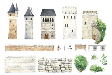 Set of different castle towers, elements of fence and bridge, lanterns and plants. Watercolor collection for your design, fantasy isolated illustration  for design poster, cover books or wallpapers. - 635064689