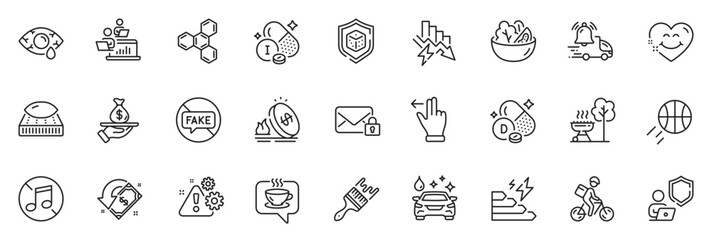 Icons pack as Gas price, Conjunctivitis eye and Grill line icons for app include Delivery bike, Iodine mineral, Chemical formula outline thin icon web set. Consumption growth, Coffee. Vector