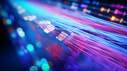 data flowing through fiber optics cables, digital neon background