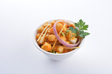 Indian mixed vegetable bean curry sauce nuts vegan dim sum in bowl on white background asian chef appetiser halal bakery food restaurant pastry menu for cafe