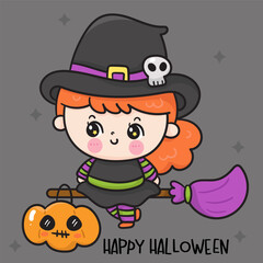 halloween witch on broom with pumpkin
