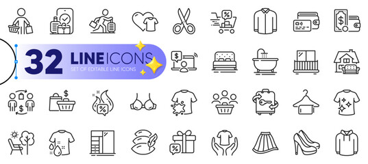 Outline set of Bra, Skirt and Clean t-shirt line icons for web with Wallet money, Shoes, Hoody thin icon. Buyer, Cut, Wallet pictogram icon. Travel delay, Buyers, Hot offer. Vector
