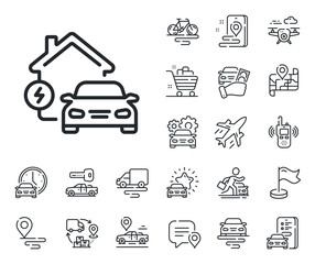 Home car charger sign. Plane, supply chain and place location outline icons. Charging station line icon. Electric power symbol. Home charging line sign. Taxi transport, rent a bike icon. Vector