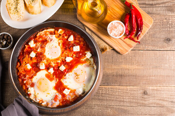 Shakshuka made of poached eggs in tomato pepper sauce