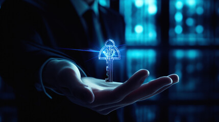Empowering real estate. Businessman hands with hologram keys from house for enhanced online security and access control in the modern digital landscape.