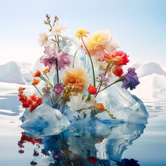 Fresh spring field flowers frozen in a huge iceberg, cold ice during cold winter days. Romantic floral background.