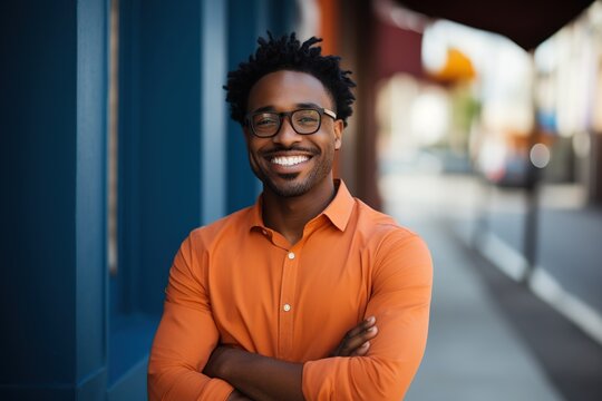 Smiling Black Man in Glasses and Orange Shirt