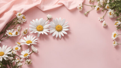 White daisy flower scattered on pastel pink background. Generative AI