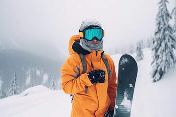 Fototapeta na wymiar Snowboard adventure. Portrait of a winter sports enthusiast in a stunning mountain landscape.