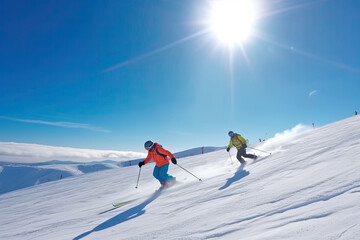 Two skiers on the mountain enjoy a sunny day and a fast ride through the snow.