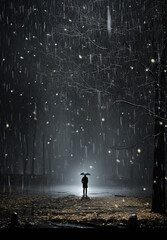 Silhouette of a man with umbrellas walking in the park at night under autumn rain