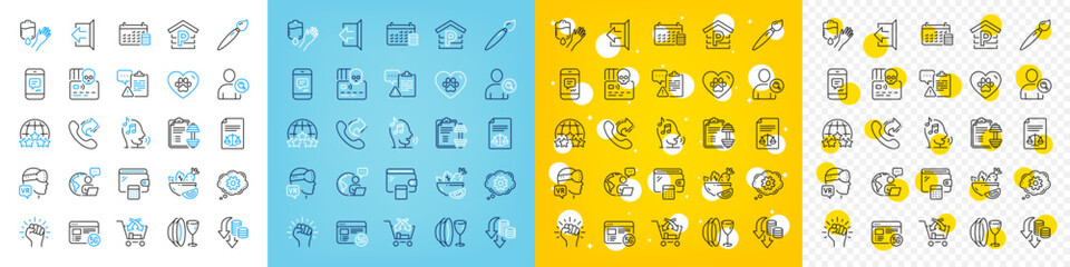 Vector icons set of Calendar, Cogwheel and Parking line icons pack for web with Outsource work, Blood, Sign out outline icon. Voicemail, Share call, Cross sell pictogram. Clipboard. Vector