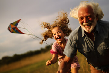 Joyful Grandfather and Granddaughter Flying a Colorful Kite at Sunset