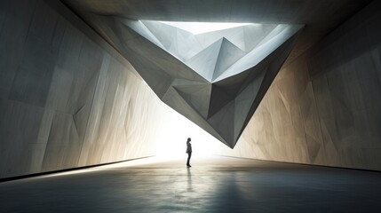 A girl standing under huge geometric installation in an abstract concrete interior 