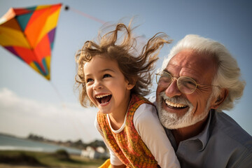 Magical Moments: Grandfather and Granddaughter Flying a Kite at Sunset