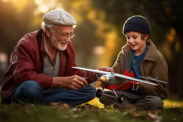 Autumn Delight: Grandfather and Grandson Playing with a Remote-Controlled Airplane