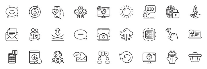 Icons pack as Cloud storage, Sun energy and Calculator line icons for app include Crowdfunding, Cardio training, Sharing economy outline thin icon web set. Global business, Scroll down. Vector