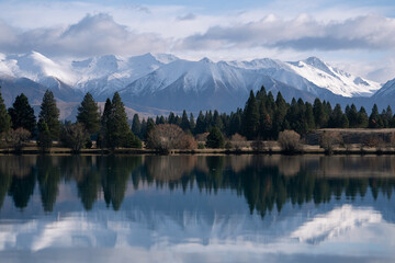 New Zealand Twizel landscape in the winter with lake and mountains